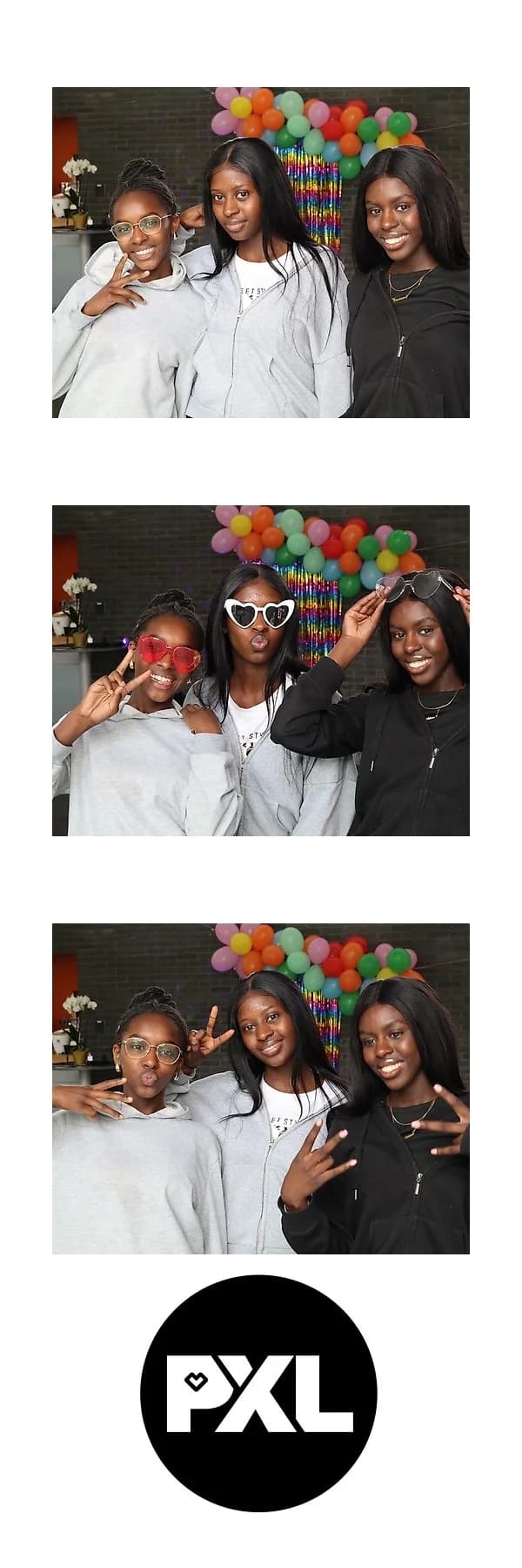 Fotostrookje met drie poses en een bedrijfslogo